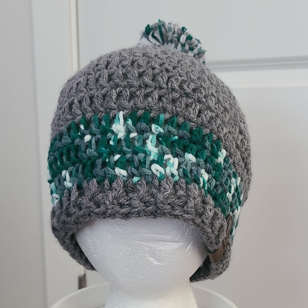 Gray and Green Kids Crochet Beanie